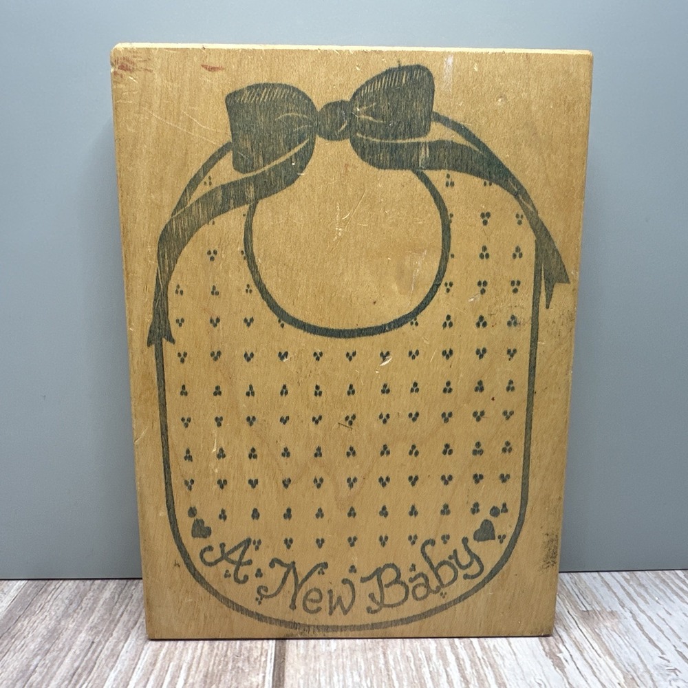 Vintage‎ Raindrops on Roses - "A New Baby" Baby Bib Wood Mounted Rubber Stamp